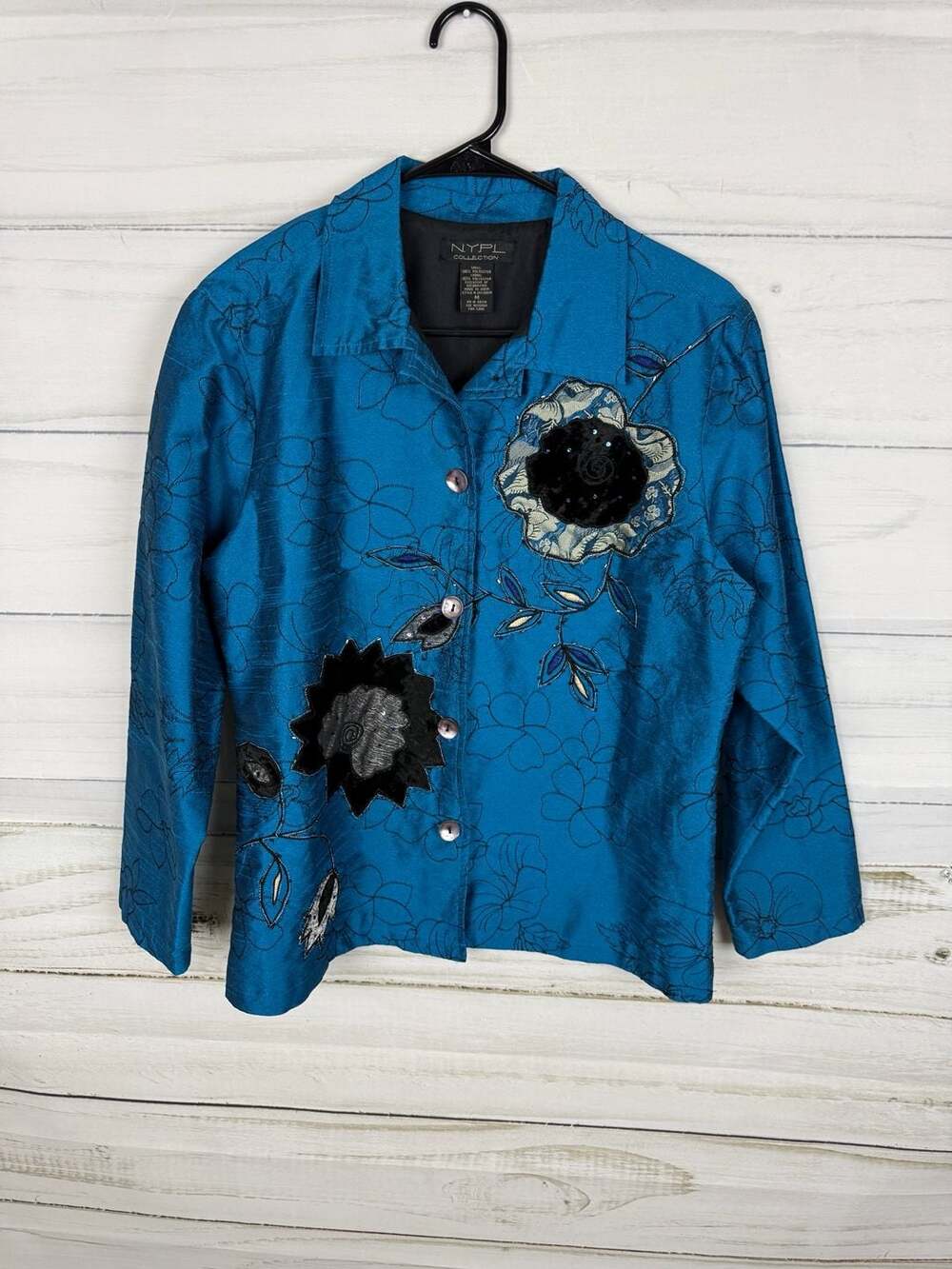 NYPL Collection Size M Blue Floral Embroidered Button Down Jacket